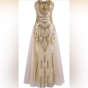 Gold and Cream Sequin Sweetheart Strapless Formal Maxi Dress Large